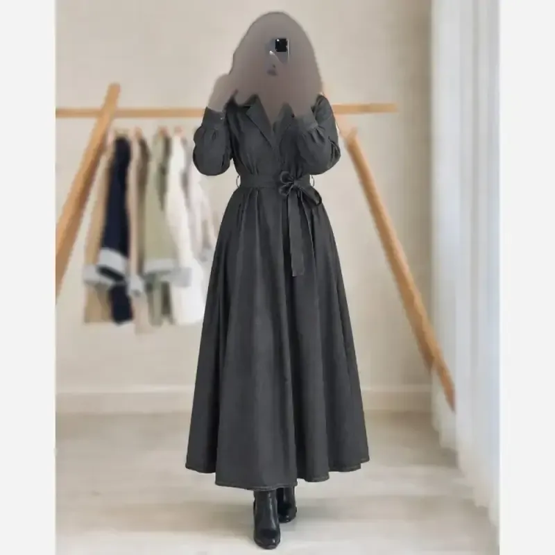 مانتو بلند تنسل کاغذی طرح جین ساده کمربنددار - تصویر 2
